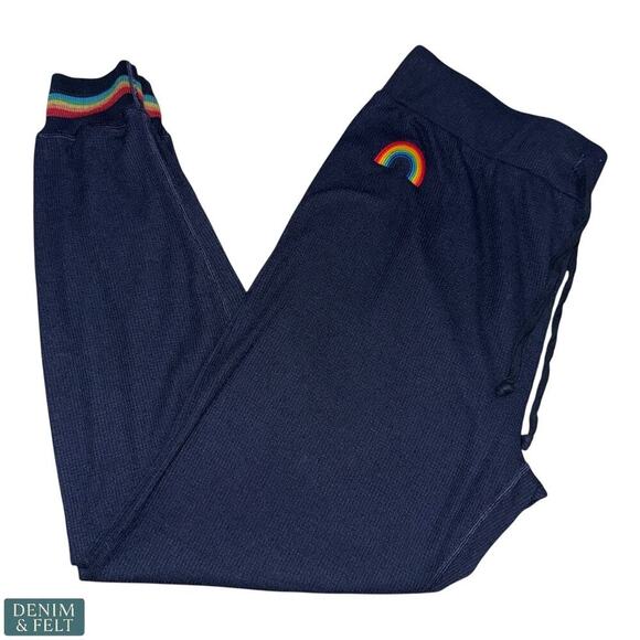 Aviator Nation Rainbow Waffle Thermal Lounge Set Base Layer Navy Pants & Top - Picture 10 of 16